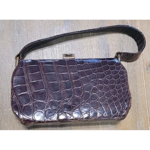 Vintage 1950s Dark Chocolate Crocodile Purse Bag Leather Bellstone Pinup Germany